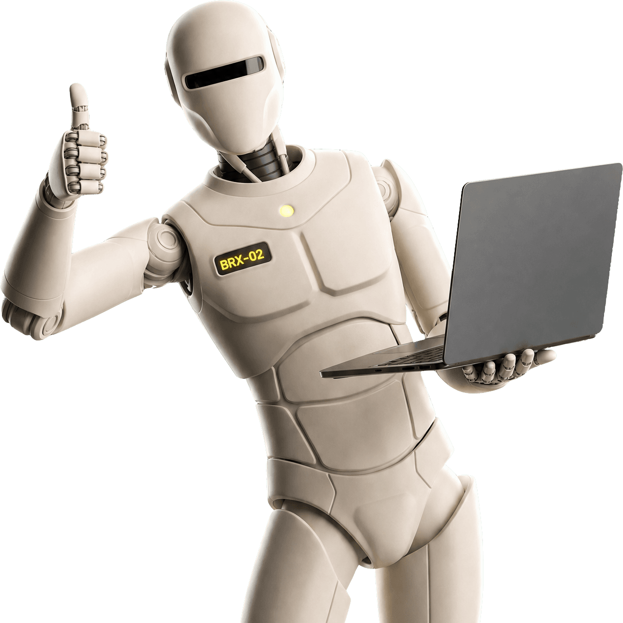 Brixon AI agent rendering, holding a laptop and giving a thumbs-up