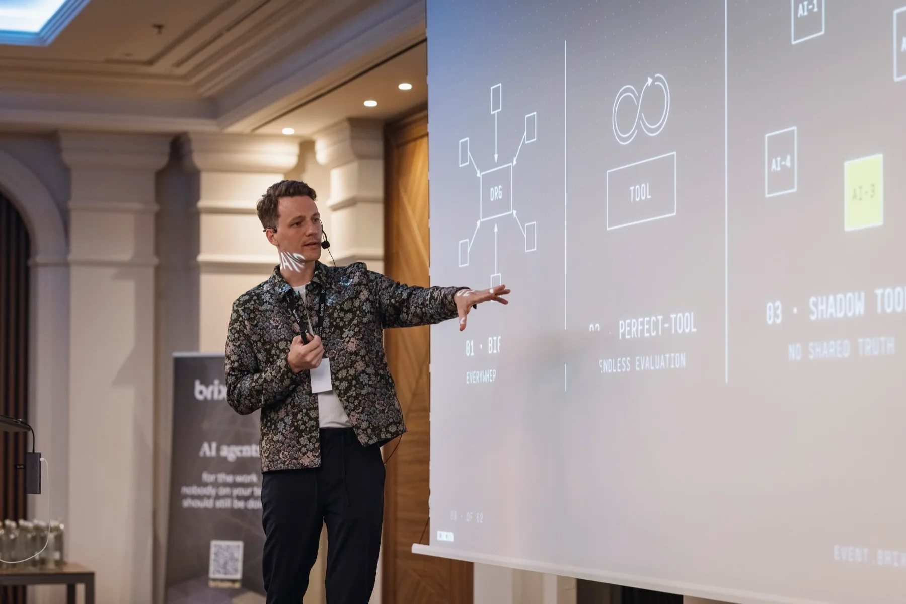 Christoph Sauerborn presenting the AI failure patterns at the Brixon AI event in Malta