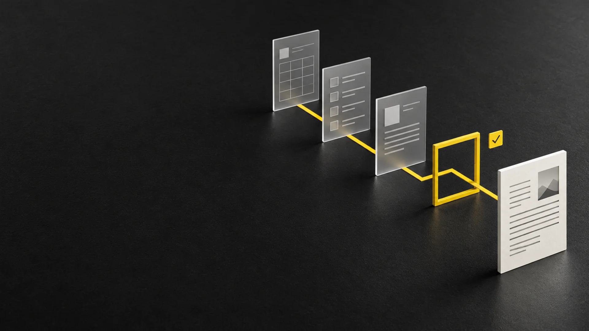 Documents pass through a yellow approval gate to the finished result