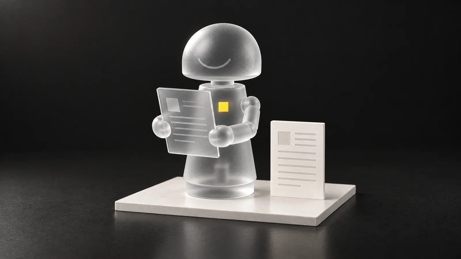 A small glass robot stands on a white foundation holding a document, the finished result beside it