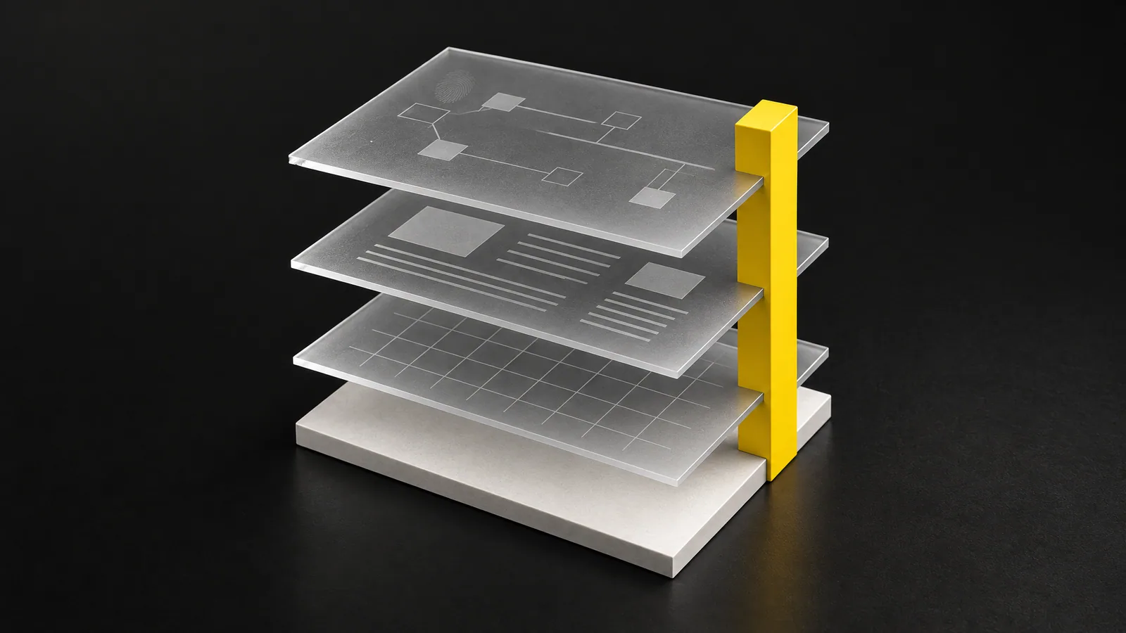 Three glass layers above a white base plate, held together by a yellow bar on the right