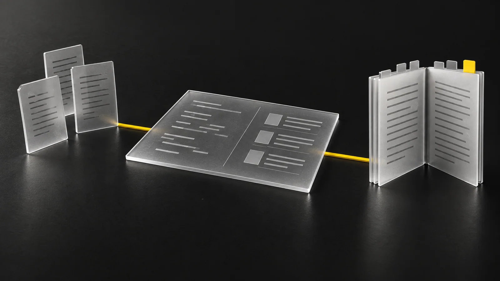 3D-Illustration: aus losen Quellenzeilen werden sortierte Themengruppen im Wiki, ein Reiter gelb