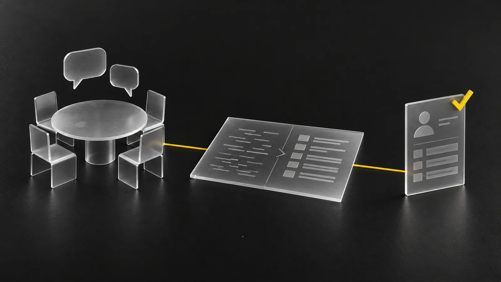 A meeting table, a transcript and an approved CRM entry, joined by a yellow line