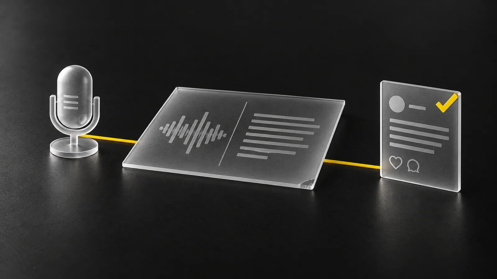 3D illustration: the audio wave becomes finished paragraph text in the approved post