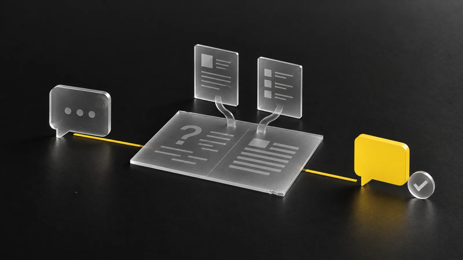 3D-Illustration: aus der Kundenfrage wird über Wissensdokumente die fertige gelbe Antwort