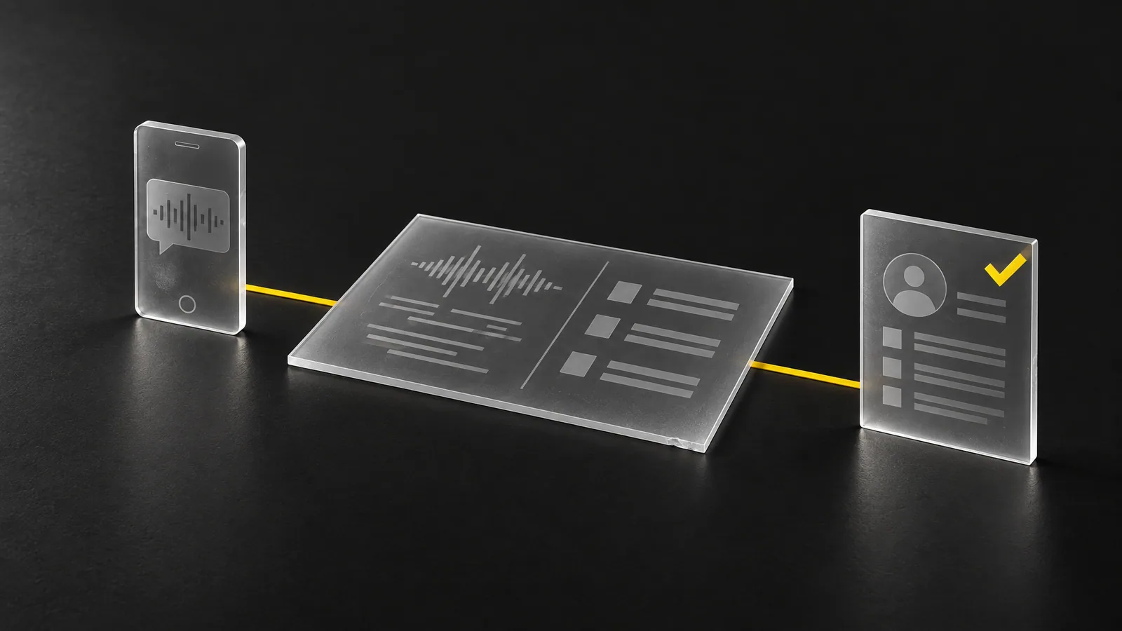 3D-Illustration: aus der Audiowelle der Sprachnachricht werden geordnete Felder im geprüften CRM-Eintrag