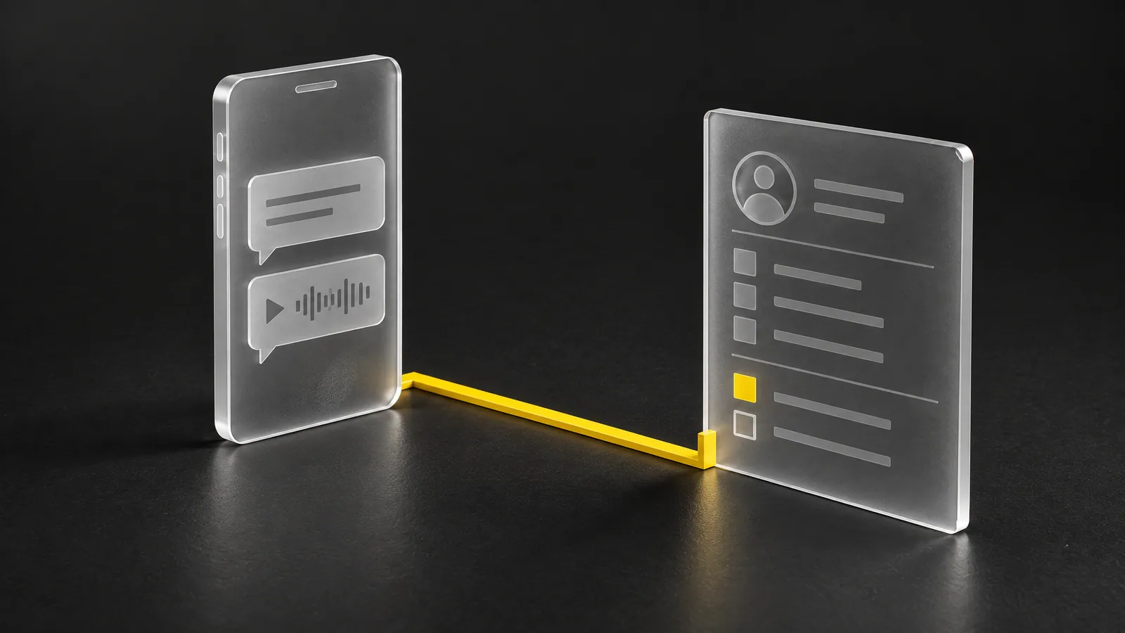 3D illustration: a glass smartphone holding a voice message, connected to a contact card and a task list